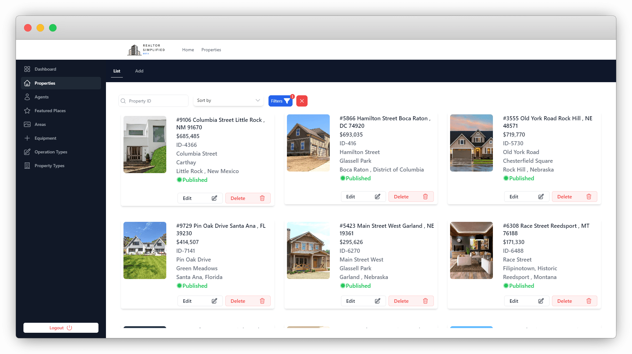 Properties dashboard page